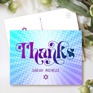 Carte Postale Bat Mitzvah Rétro Bleu Dégradé Violet Merci