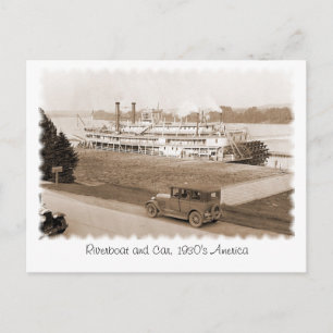 Carte Postale Bateau à vapeur et voiture, l'Amérique des années 