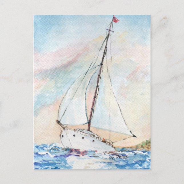 Carte Postale Bateau à voile à Sea Fine Art peinture aquarelle (Devant)