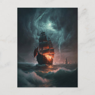 Carte Postale Bateau À Voile Combattant Vagues Et Tempête Dans L