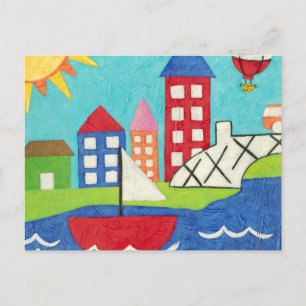 Carte Postale Bateau à voile et ballon à air chaud avec Cityscap