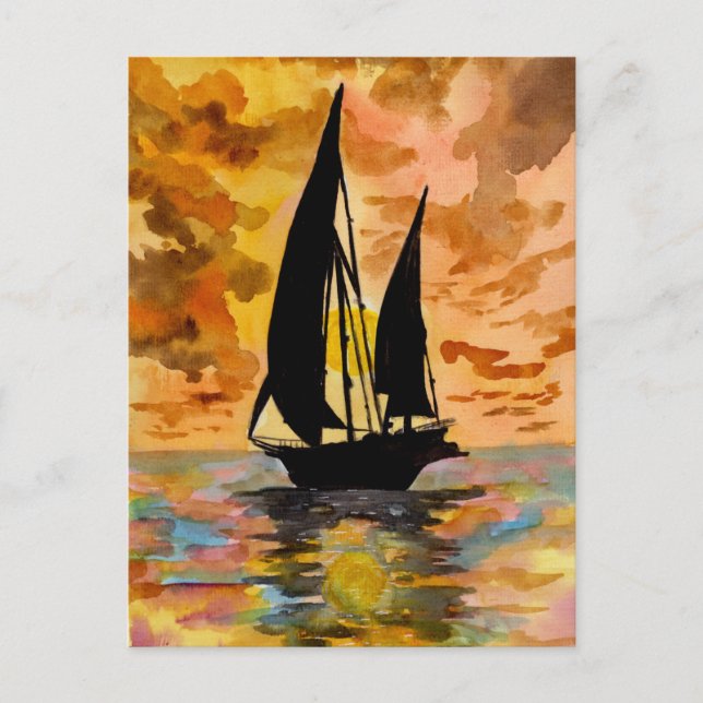 Carte Postale Bateau à voile et Ocean Sunset (Devant)