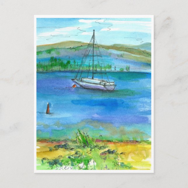 Carte Postale Bateau à voile Mountain Lake Aquarelle peinture (Devant)