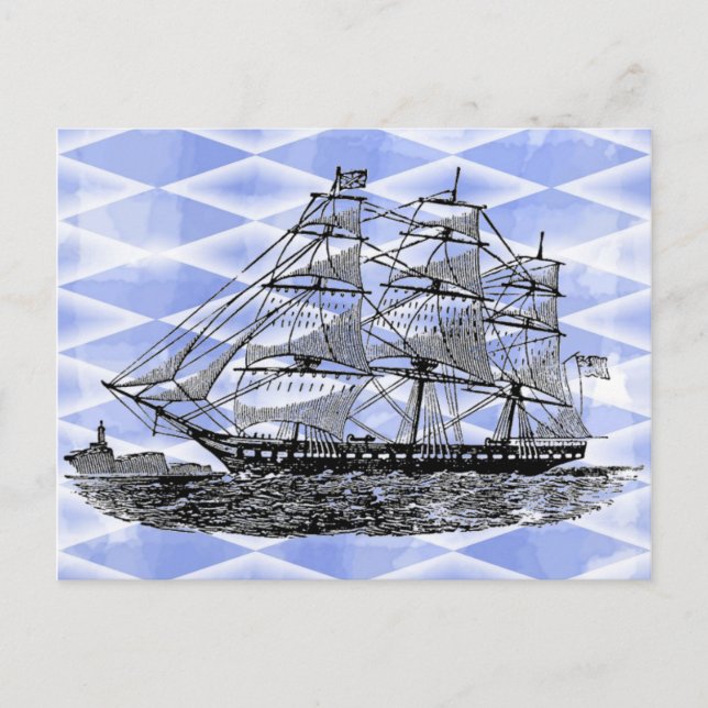 Carte Postale Bateau antique en bleu (Devant)