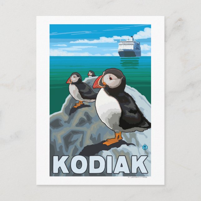 Carte Postale Bateau de croisière Kodiak, AlaskaPuffins et Alask (Devant)