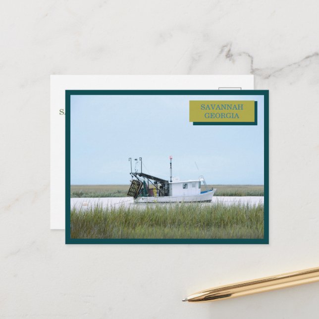 Carte Postale Bateau de pêche blanc Ocean Savannah Géorgie (Devant/Arrière en situation)