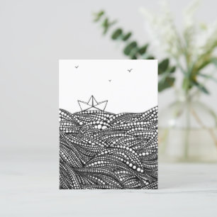 Carte Postale Bateau en papier dessiné au crayon sur des vagues 