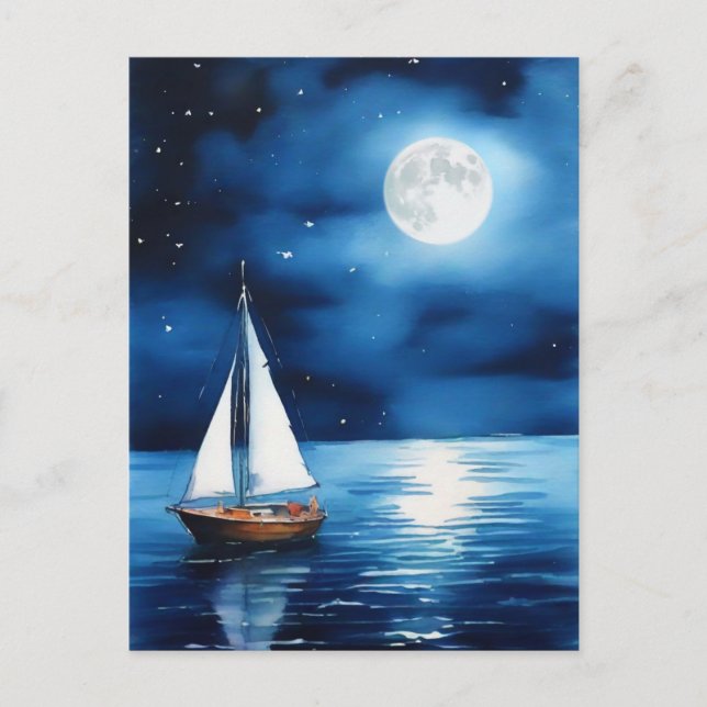 Carte Postale Bateau sous Pleine lune (Devant)
