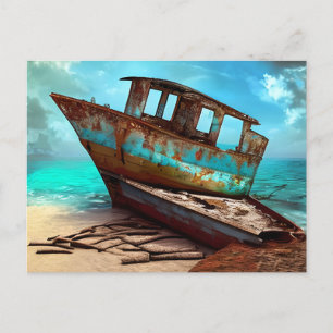 Carte Postale Bateau Vieux Abandonné sur une Plage de Sable Dése