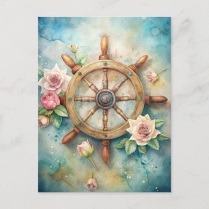 Carte Postale Bateau vintage Roue Crème rose Rose Océan