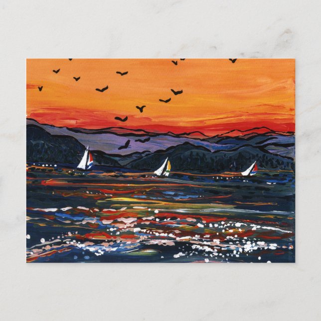 Carte Postale Bateaux à voile au coucher du soleil (Devant)