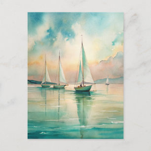 Carte Postale Bateaux à voile pastel paisibles Art nautique mari