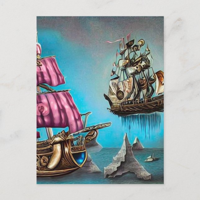 Carte Postale Bateaux flottants Surreal Steampunk & Voiles roses (Devant)