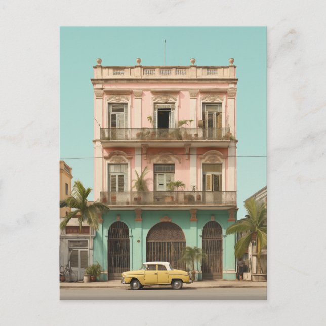 Carte Postale Bâtiment Colonial Voiture Jaune Havane Cuba (Devant)