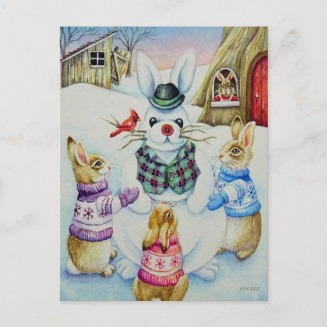 Carte Postale Bâtiment de lapins d'hiver Snowbund Aquarelle Art (Devant)