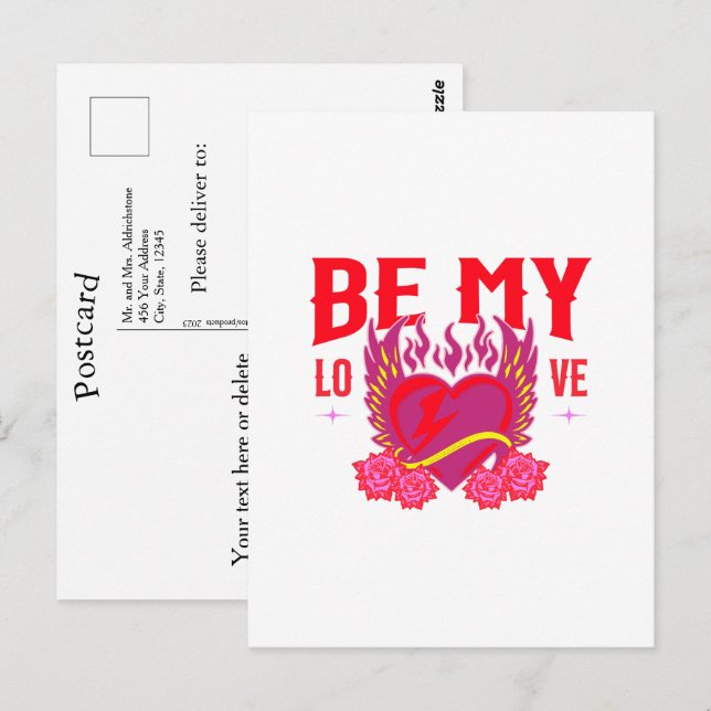 Carte Postale Be My Love Retro Heart Rose Biker Valentine   (Devant / Derrière)