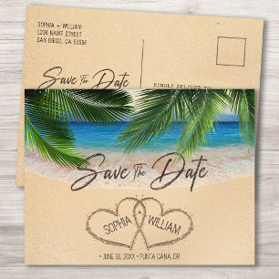 Carte Postale Beach Sand Hearts Palm Enregistrer la date Annonce