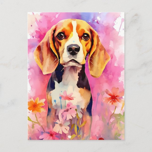Carte Postale Beagle avec des fleurs Aquarelle (Devant)