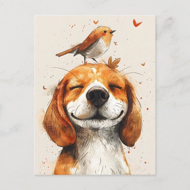 Carte Postale Beagle mignon avec un oiseau sur la tête peint mai (Devant)