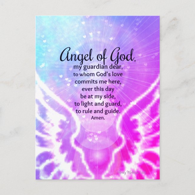 Carte Postale Beau Ange de Dieu Prière Aquarelle rose (Devant)