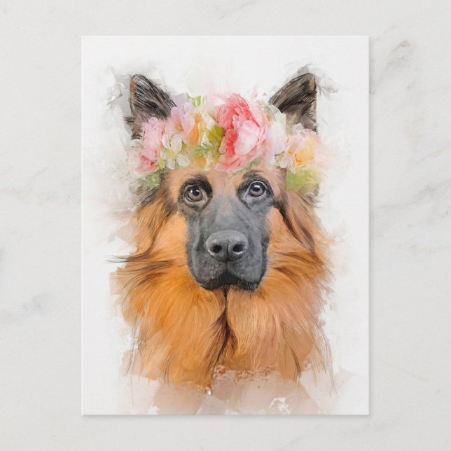 Carte Postale Beau Berger Allemand Portrait Couronne Fleur Berge (Devant)