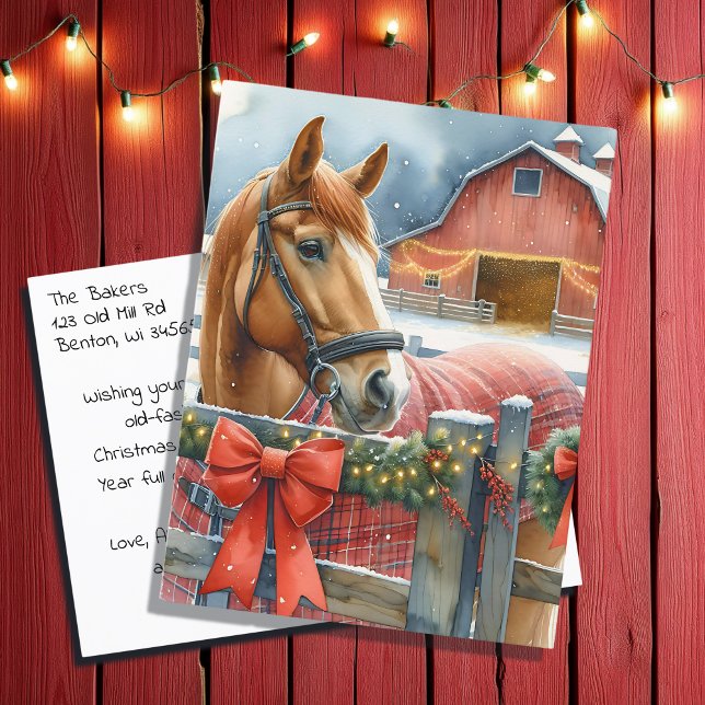 Carte Postale Beau Cheval Brown à un Noël Festive Grange (Créateur téléchargé)