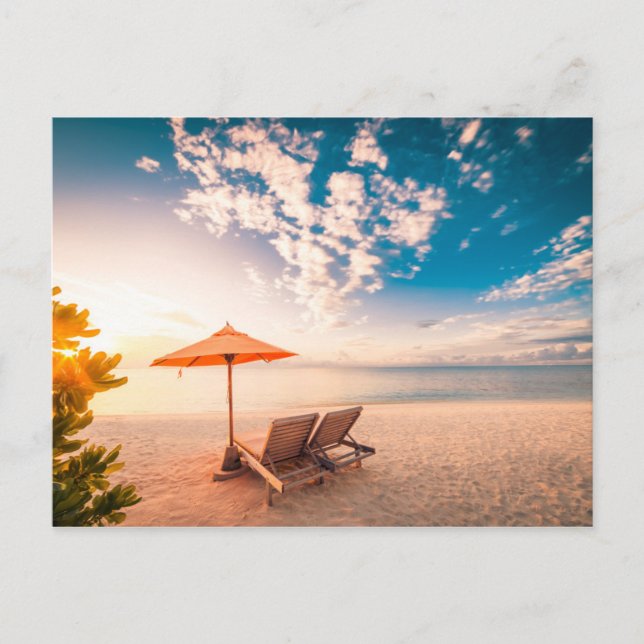 Carte Postale Beau coucher de soleil sur la plage des Maldives (Devant)