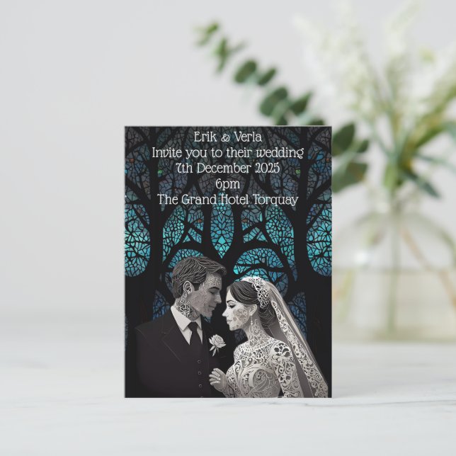 Carte Postale Beau couple mariage sur un arbre de vie bleu (Debout devant)