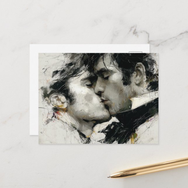 Carte Postale Beau Hommes gays baiser en noir et blanc (Devant/Arrière en situation)