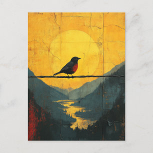 Carte Postale Beau oiseau sur un fil dans les montagnes