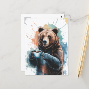 Carte Postale Beau Ours Brown Avec Aquarelle De Café