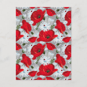 Carte Postale Beau pavot rouge, marguerites blanches et coccinel