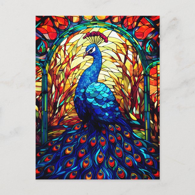 Carte Postale Beau Peacock Vitrail Art de la faune (Devant)