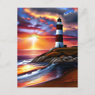 Carte Postale Beau phare, coucher de soleil et vagues océaniques