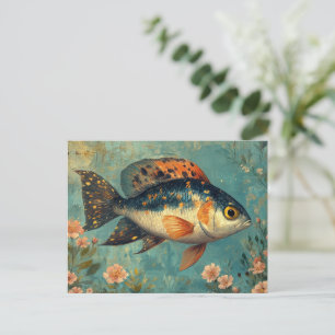 Carte Postale Beau poisson et fleurs roses