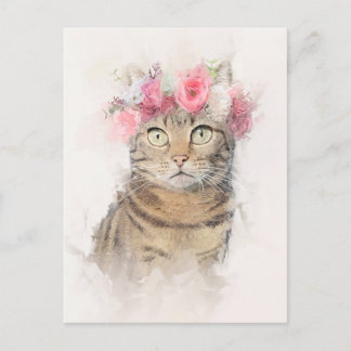 Carte Postale Beau Portrait Couronne Fleur de Chat