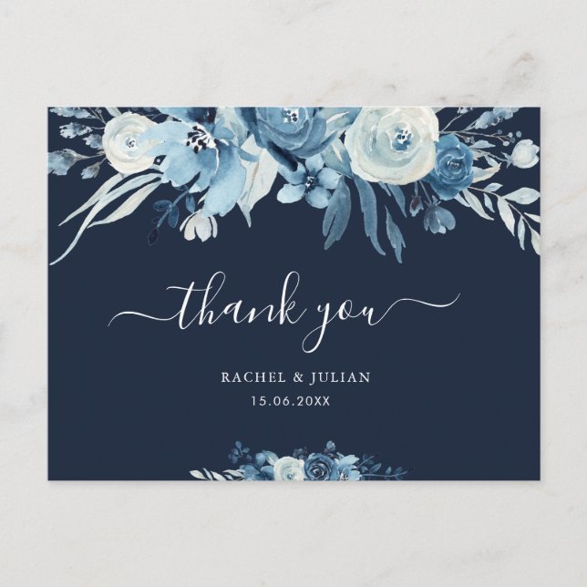 Carte Postale Beau script bleu mariage floral merci (Devant)