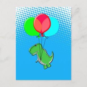 Carte Postale Beau Vol T-Rex Avec Ballons Dans Ciel Bleu