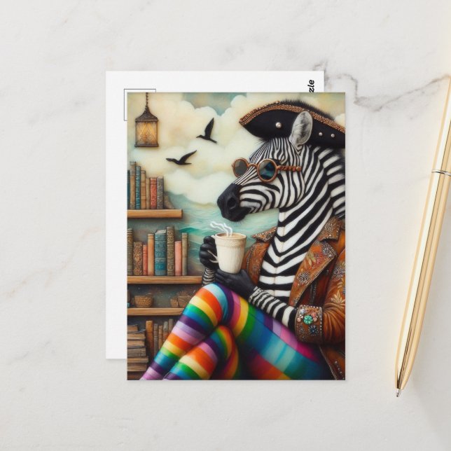 Carte Postale Beau Zebra Pirate Avec Café (Devant/Arrière en situation)