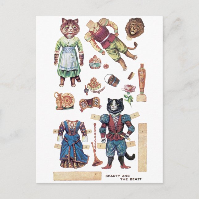 Carte Postale Beauté et bête, poupée en papier, Louis Wain (Devant)