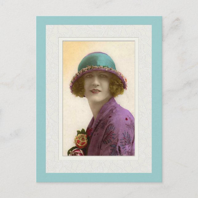 Carte Postale Beauté victorienne en chapeau robe sarcelle pourpr (Devant)