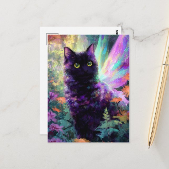 Carte Postale Beautiful Black Cat With Fairy Wings (Devant/Arrière en situation)
