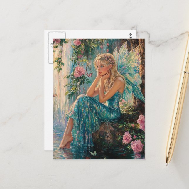 Carte Postale Beautiful Fairy at the Waterfall (Devant/Arrière en situation)