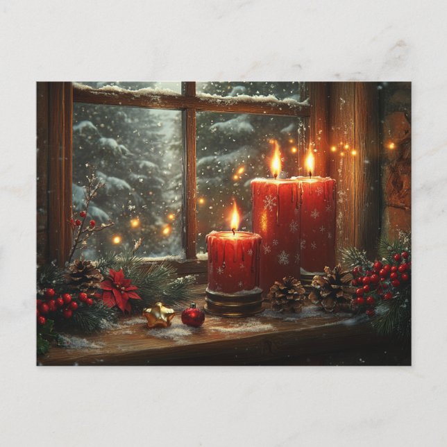 Carte Postale Beautiful Glowing Red Candles Pine Cones Berries (Devant)
