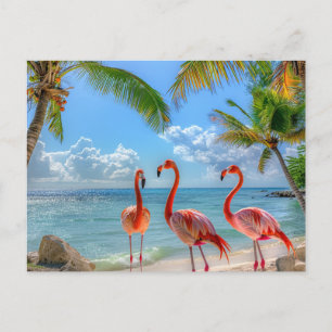 Carte Postale Beaux Flamants Roses Océan Palmiers Sable