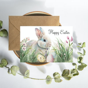 Carte Postale Beaux voeux de Pâques : Lapin Aquarellé et Oeufs