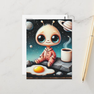 Carte Postale Bébé Alien avec café et œuf