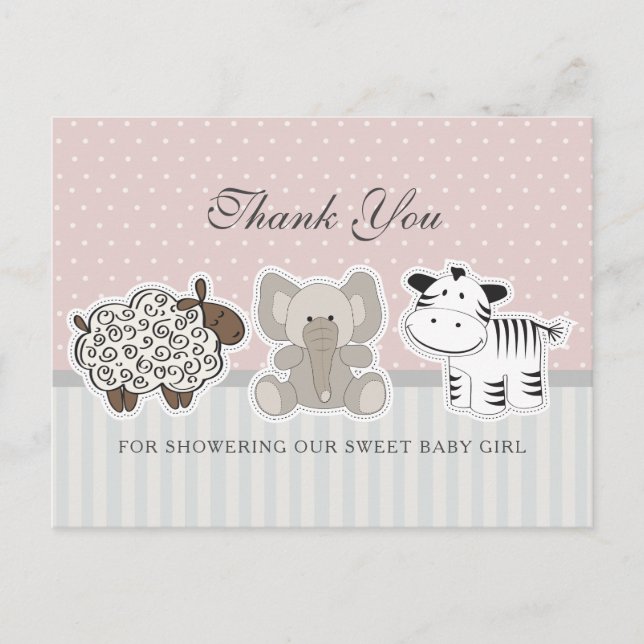 Carte Postale Bébé Animaux Baby shower rose Merci (Devant)