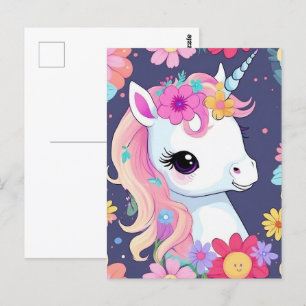 Carte Postale Bébé blanc adorable licorne avec fleurs