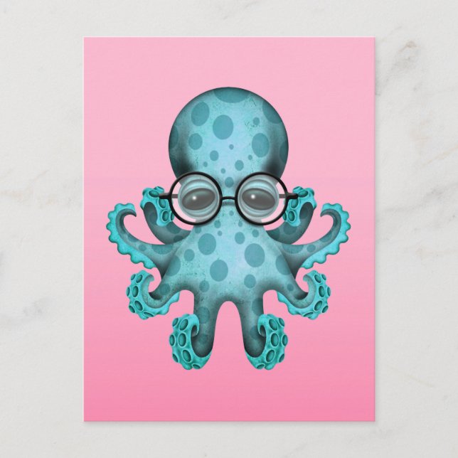 Carte Postale Bébé bleu mou Octopus portant des lunettes sur ros (Devant)